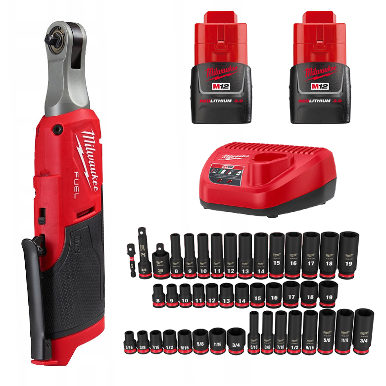 Zestaw: grzechotka wysokoobrotowa Milwaukee M12 FHIR14-0 (4933478171) + zestaw nasadek 8 mm – 19 mm